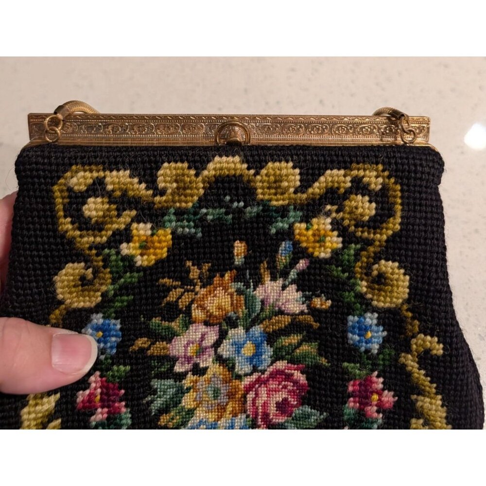 Vintage Floral Needlepoint Evening Bag Metal Frame Chain Strap etched clasp - Picture 14 of 16